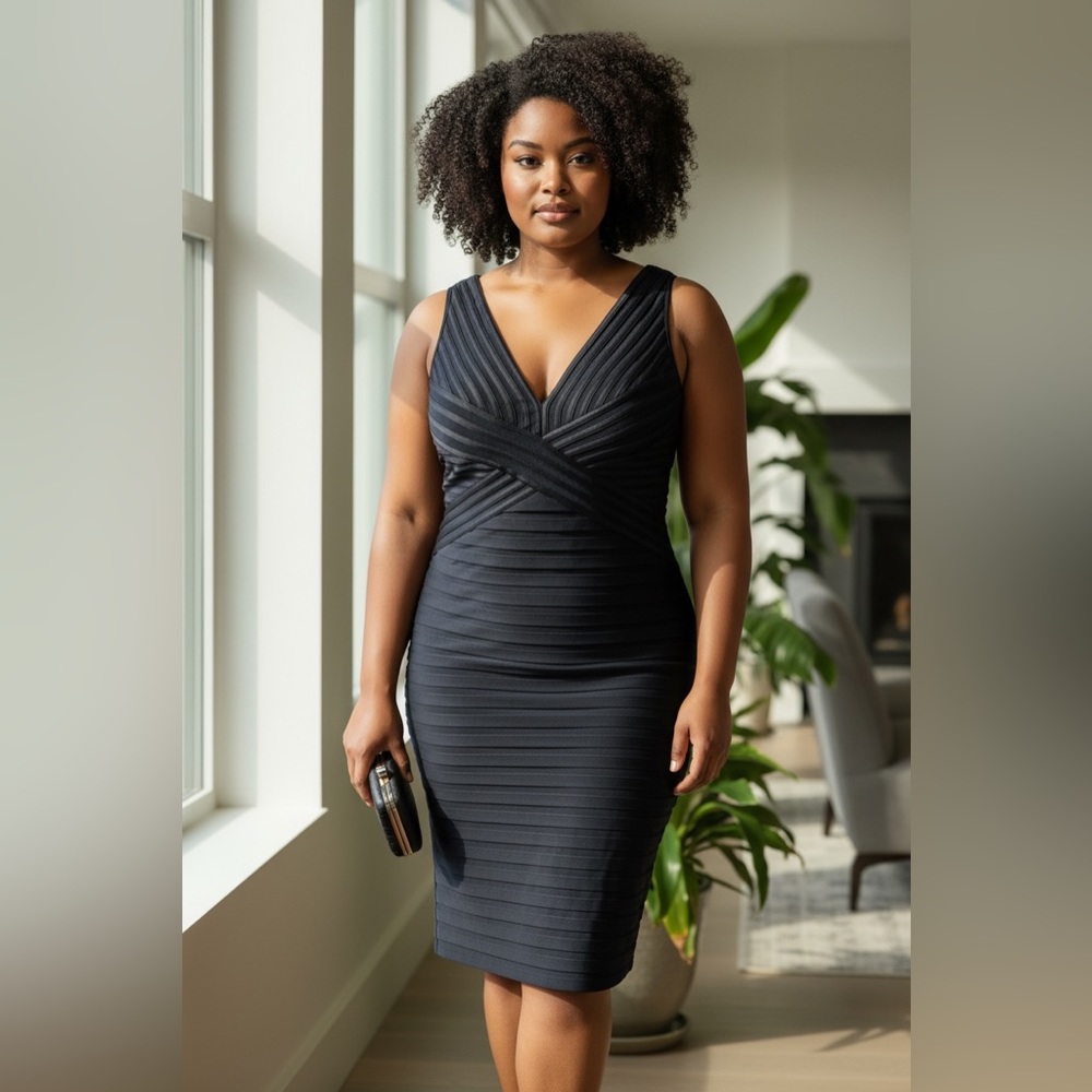 Betsy & Adam Navy Pleated Sheath Cocktail Dress Size 14